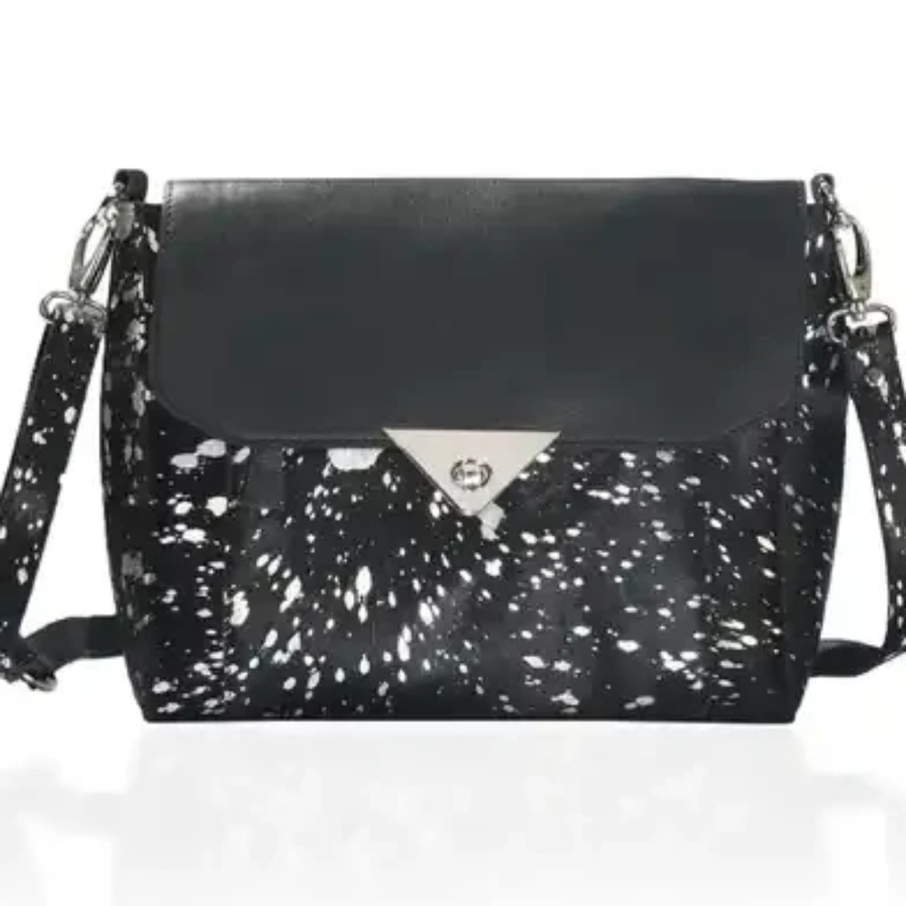 Cowhide Print Genuine Black Leather Crossbody Purse  Print is Silver Splashes